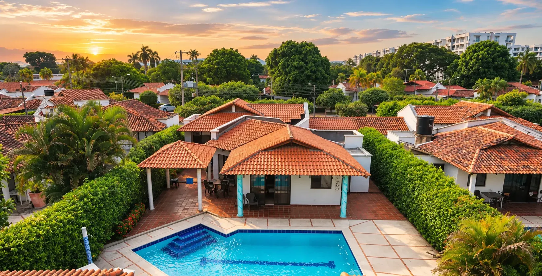 Vista aérea al atardecer de la casa y su piscina, entre árboles y techos de teja del condominio